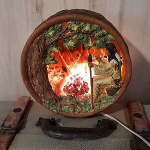 Diorama Lamp Vintage Native American Camp Fire Scene EUC